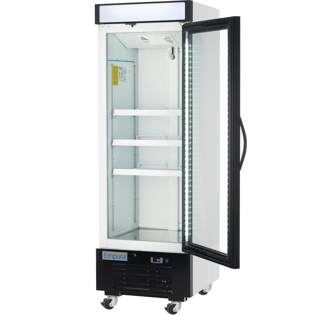 A tall, single-door glass door freezer merchandiser with a clear display, three interior shelves, LED lighting, wheels for mobility, and a digital temperature display labeled “Empura.” The black and white commercial freezer is empty with its glass door open.