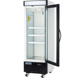 A tall, single-door glass door freezer merchandiser with a clear display, three interior shelves, LED lighting, wheels for mobility, and a digital temperature display labeled “Empura.” The black and white commercial freezer is empty with its glass door open.