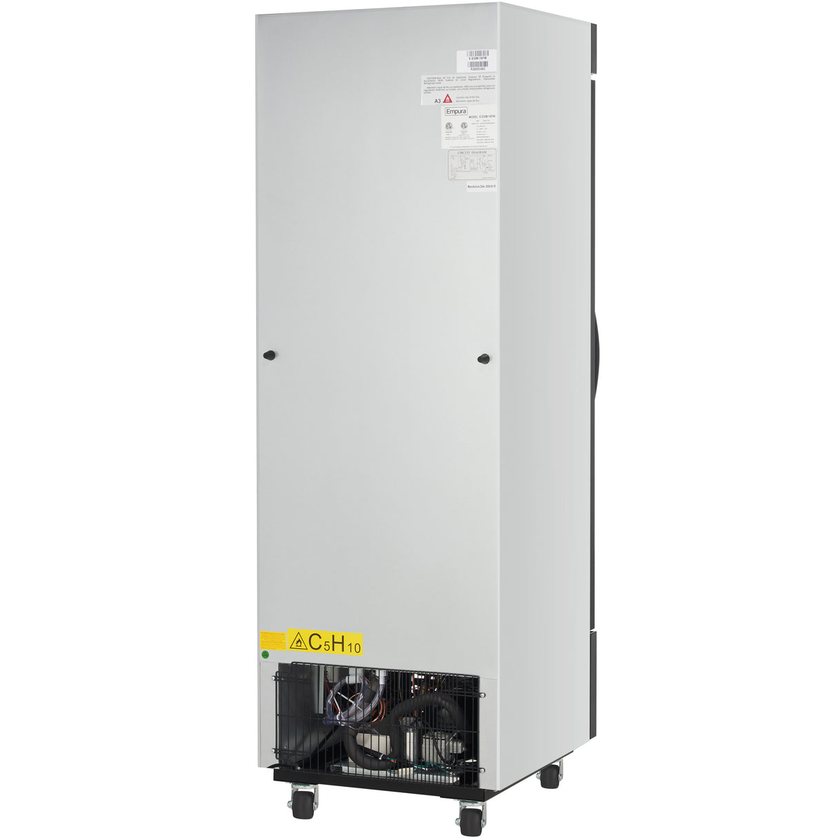 A tall, rectangular commercial freezer with a plain gray metal exterior, vents and warning labels at the bottom, visible internal components, and four wheels for mobility is positioned against a white background.