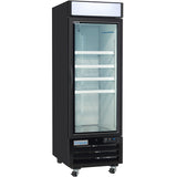 A tall, black glass door freezer with a white interior, four adjustable metal shelves, and a lighted top panel. This Empura commercial display freezer features vented bottom panels, wheels for mobility, and prominent branding on the lower front.