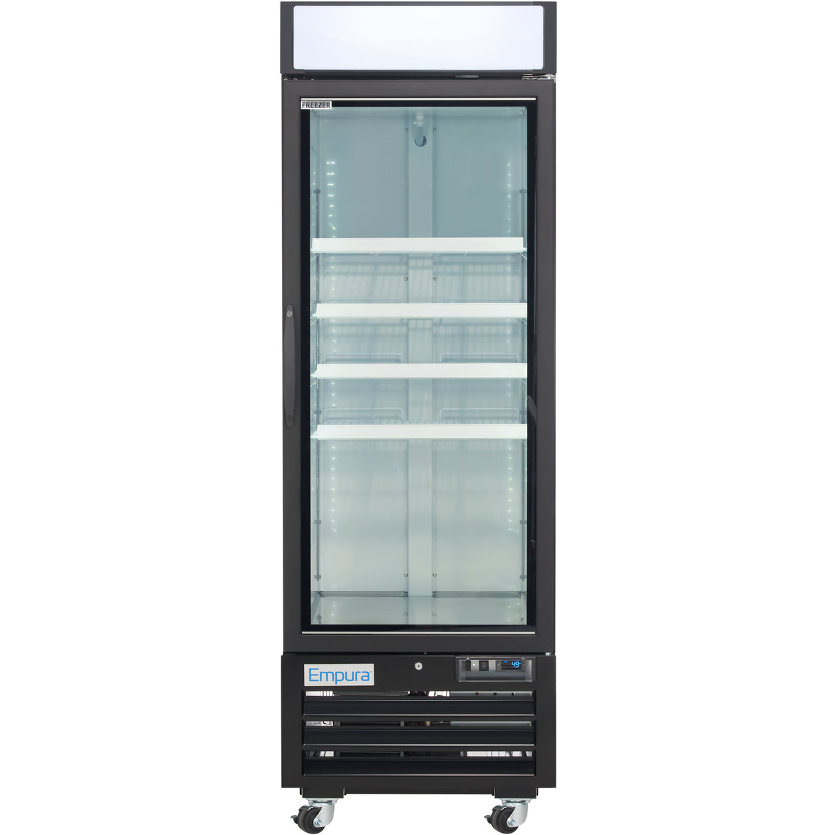 A commercial display freezer on wheels, with a black frame, four white interior shelves, a transparent glass door, and control panel at the bottom. The Empura brand name is visible above the controls. The freezer merchandiser is empty and well-lit.