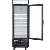 A tall, black commercial display freezer with a clear glass door opens to the right, revealing four empty white wire shelves inside. The unit has wheels at the base, a control panel below the shelves, and an Empura label on the front.