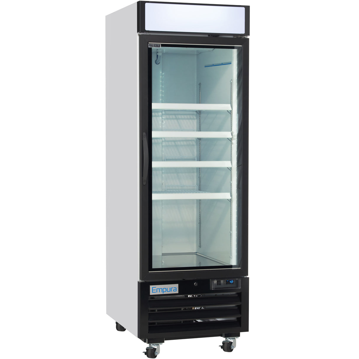 A tall, upright commercial freezer with a single glass door, white sides, black base, and four empty shelves. This Glass Door Freezer is on wheels and features the Empura brand on the lower panel with a blank illuminated top display.