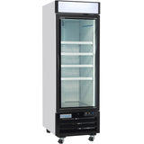A tall, upright commercial freezer with a single glass door, white sides, black base, and four empty shelves. This Glass Door Freezer is on wheels and features the Empura brand on the lower panel with a blank illuminated top display.