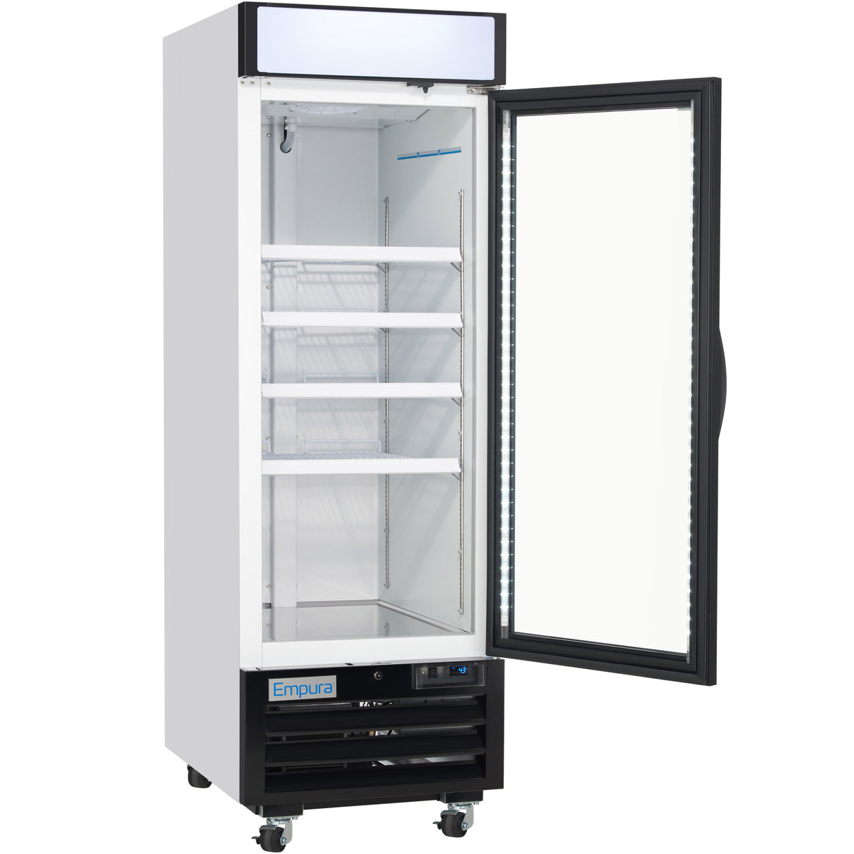 A commercial upright Glass Door Freezer with a lit display panel sits open, revealing three adjustable shelves. The Empura Freezer Merchandiser features a white exterior, black trim, wheels at the base, and the brand logo on the lower front.