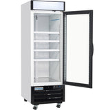 A commercial upright Glass Door Freezer with a lit display panel sits open, revealing three adjustable shelves. The Empura Freezer Merchandiser features a white exterior, black trim, wheels at the base, and the brand logo on the lower front.