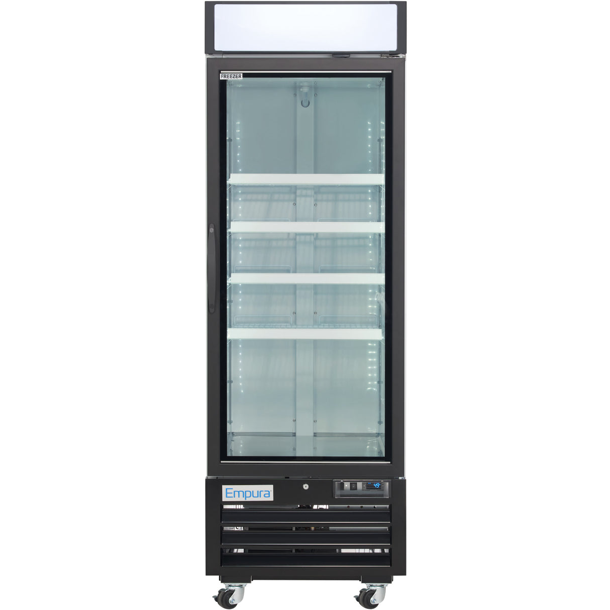 A tall, black, commercial freezer merchandiser with a glass door, four empty white shelves, and wheels at the base. The fridge has a white sign panel at the top, interior lighting, temperature controls below, and an Empura brand label.