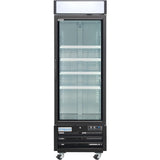 A tall, black, commercial freezer merchandiser with a glass door, four empty white shelves, and wheels at the base. The fridge has a white sign panel at the top, interior lighting, temperature controls below, and an Empura brand label.