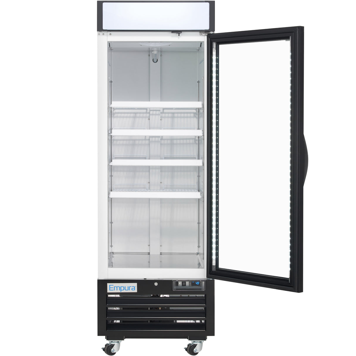 A tall, upright commercial freezer merchandiser with a glass door open to the right, showing five empty wire shelves inside. The unit is on four wheels and has a black base with control panel and Empura branding at the bottom.