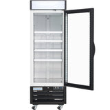 A tall, upright commercial freezer merchandiser with a glass door open to the right, showing five empty wire shelves inside. The unit is on four wheels and has a black base with control panel and Empura branding at the bottom.