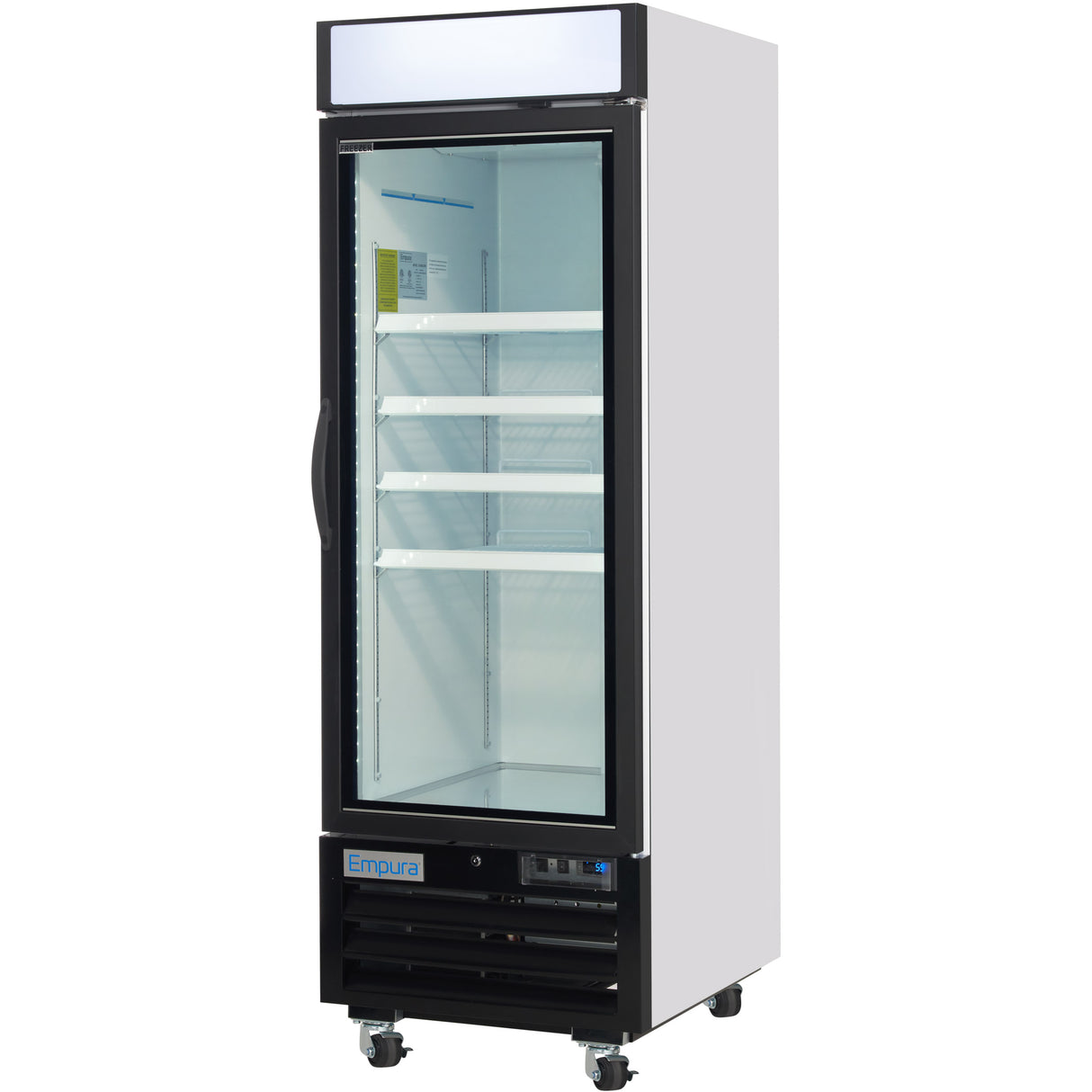 A commercial upright freezer merchandiser with a glass door, white exterior, and black trim. It features four adjustable shelves, a left-side handle, lower vents, wheels for mobility, and the Empura brand visible at the bottom.