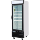 A commercial upright freezer merchandiser with a glass door, white exterior, and black trim. It features four adjustable shelves, a left-side handle, lower vents, wheels for mobility, and the Empura brand visible at the bottom.