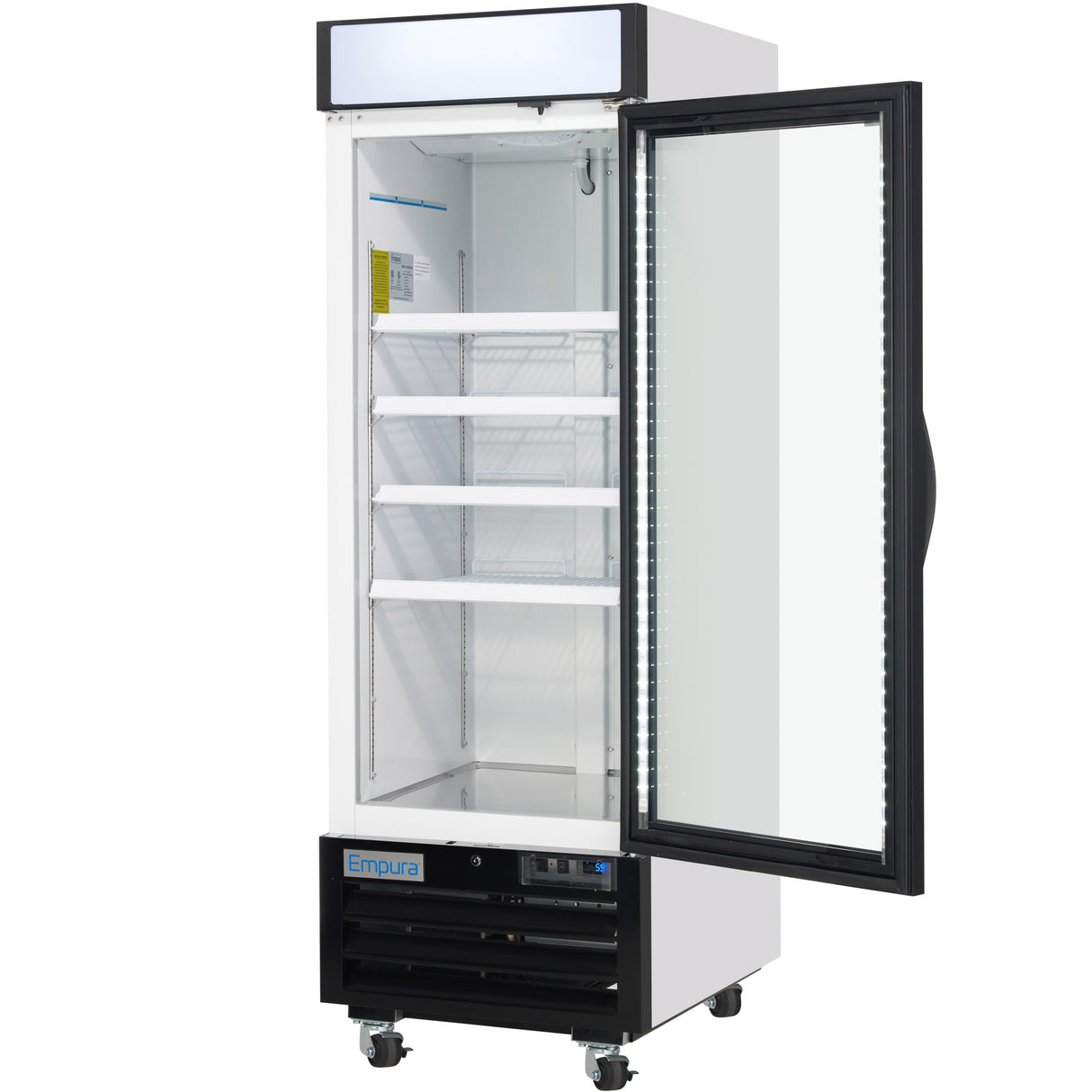 A commercial upright Glass Door Freezer with a right-opening door. Inside are adjustable wire shelves. The unit features a black vented base, control panel, wheels, white exterior, and a blank lighted sign on top—ideal as a sleek Freezer Merchandiser.