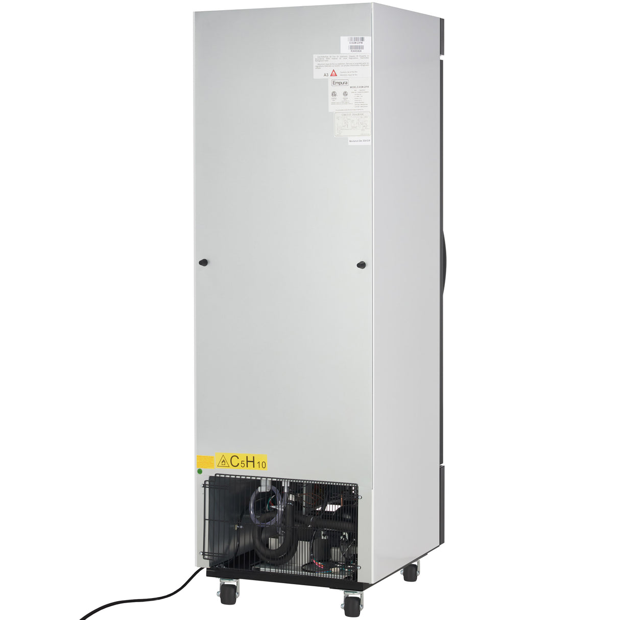A tall, rectangular, silver-colored Commercial Freezer on four wheels is shown. The back panel features a vent, wires, and a yellow warning label with “C5H10.” Manufacturer labels and stickers are visible near the top of the unit.