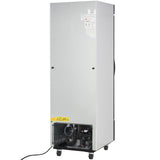 A tall, rectangular, silver-colored Commercial Freezer on four wheels is shown. The back panel features a vent, wires, and a yellow warning label with “C5H10.” Manufacturer labels and stickers are visible near the top of the unit.