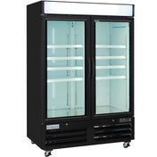 A Commercial Freezer Merchandiser with a black frame, two clear swinging glass doors, vertical handles, white interior shelves, and LED lighting. The empty unit sits on caster wheels; the Empura brand label is visible at the bottom.