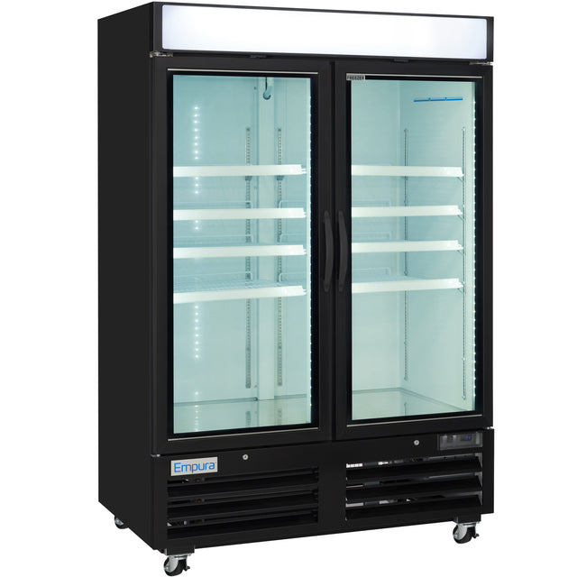 A Commercial Freezer Merchandiser with a black frame, two clear swinging glass doors, vertical handles, white interior shelves, and LED lighting. The empty unit sits on caster wheels; the Empura brand label is visible at the bottom.