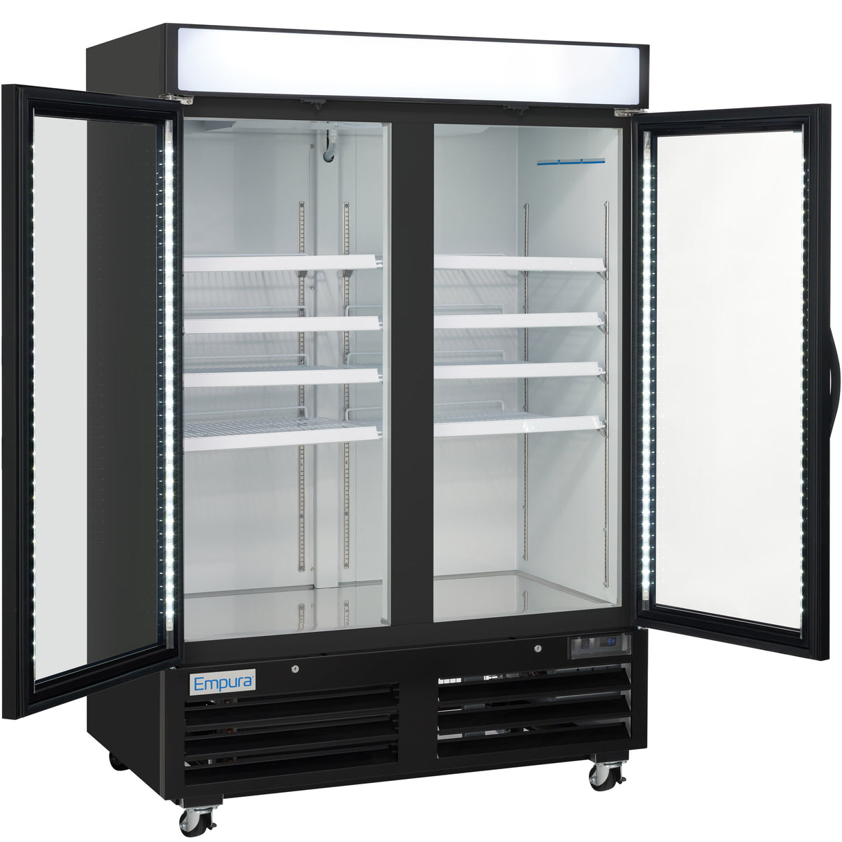 A Commercial Freezer with glass double doors is open, revealing four white shelves inside. The black exterior stands on wheels, with bright interior LED lighting. The top panel is blank and white, while the Empura brand name is visible on this freezer merchandiser.