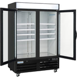 A Commercial Freezer with glass double doors is open, revealing four white shelves inside. The black exterior stands on wheels, with bright interior LED lighting. The top panel is blank and white, while the Empura brand name is visible on this freezer merchandiser.