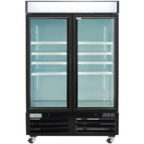 A commercial freezer with two glass doors, five white wire shelves, and interior LED lighting. This black Empura freezer merchandiser features bottom ventilation panels, is mounted on wheels, and has prominent branding on the lower left.