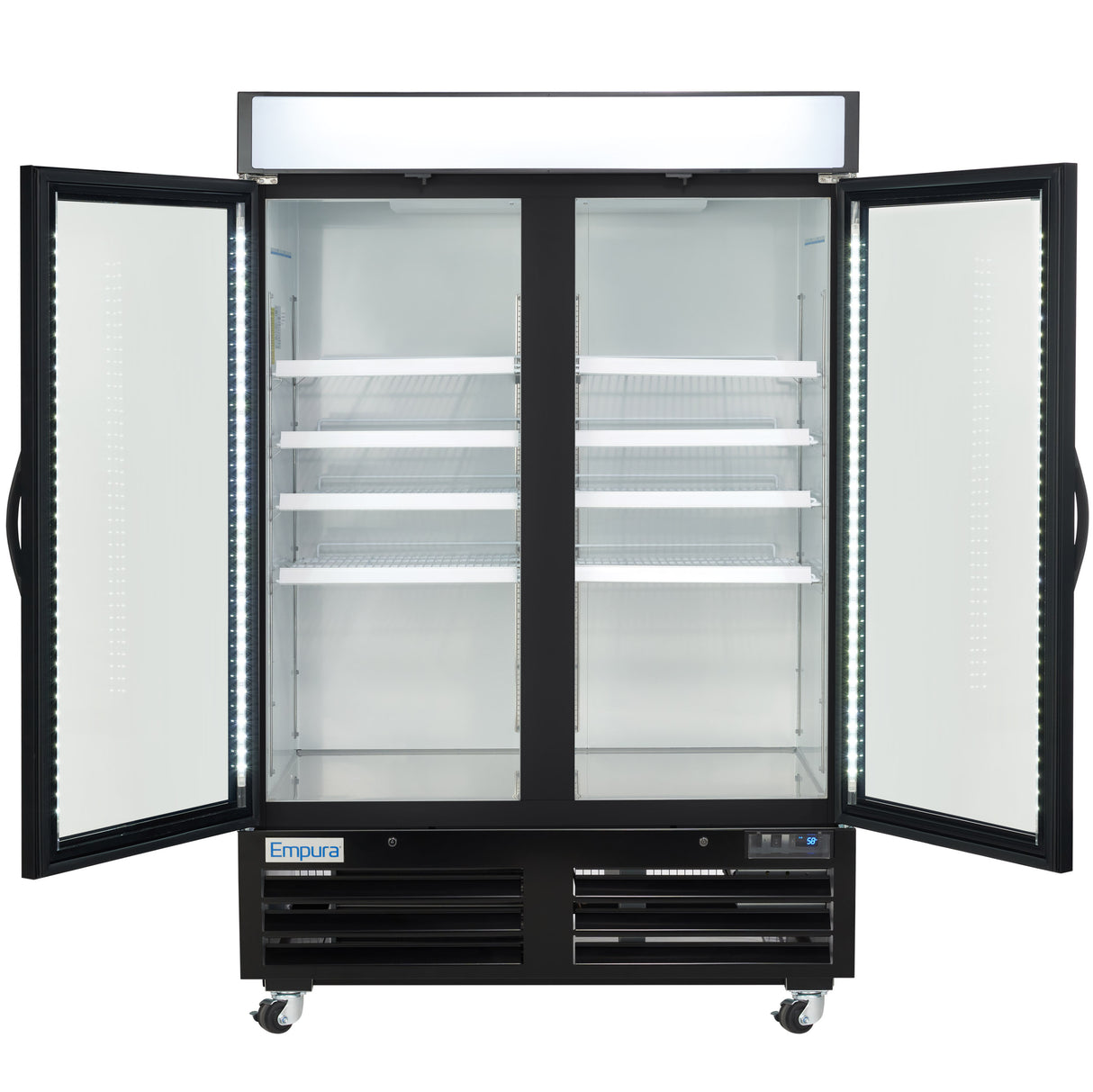 A large, black commercial freezer with both glass doors open reveals empty white shelves inside. This Glass Door Freezer features LED lighting along the door frames, is on wheels, and displays the Empura logo on the bottom left front panel.