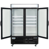 A large, black commercial freezer with both glass doors open reveals empty white shelves inside. This Glass Door Freezer features LED lighting along the door frames, is on wheels, and displays the Empura logo on the bottom left front panel.