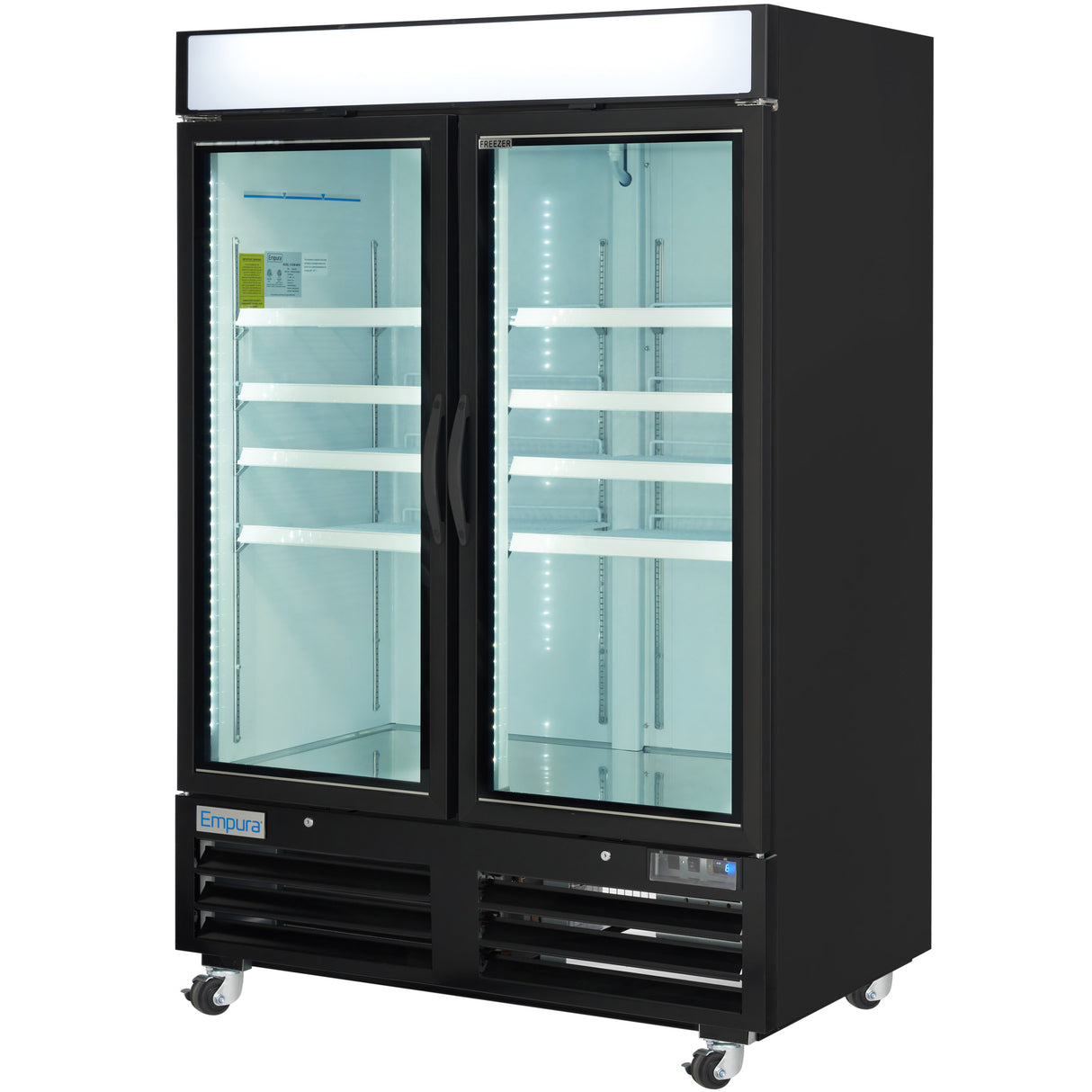 A commercial freezer merchandiser with two clear glass doors, black exterior, interior LED lighting, adjustable white shelves, and wheels for mobility. The Empura brand is labeled on the bottom left front panel, and the top sign panel remains blank.