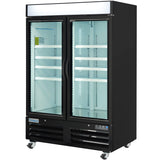A commercial freezer merchandiser with two clear glass doors, black exterior, interior LED lighting, adjustable white shelves, and wheels for mobility. The Empura brand is labeled on the bottom left front panel, and the top sign panel remains blank.