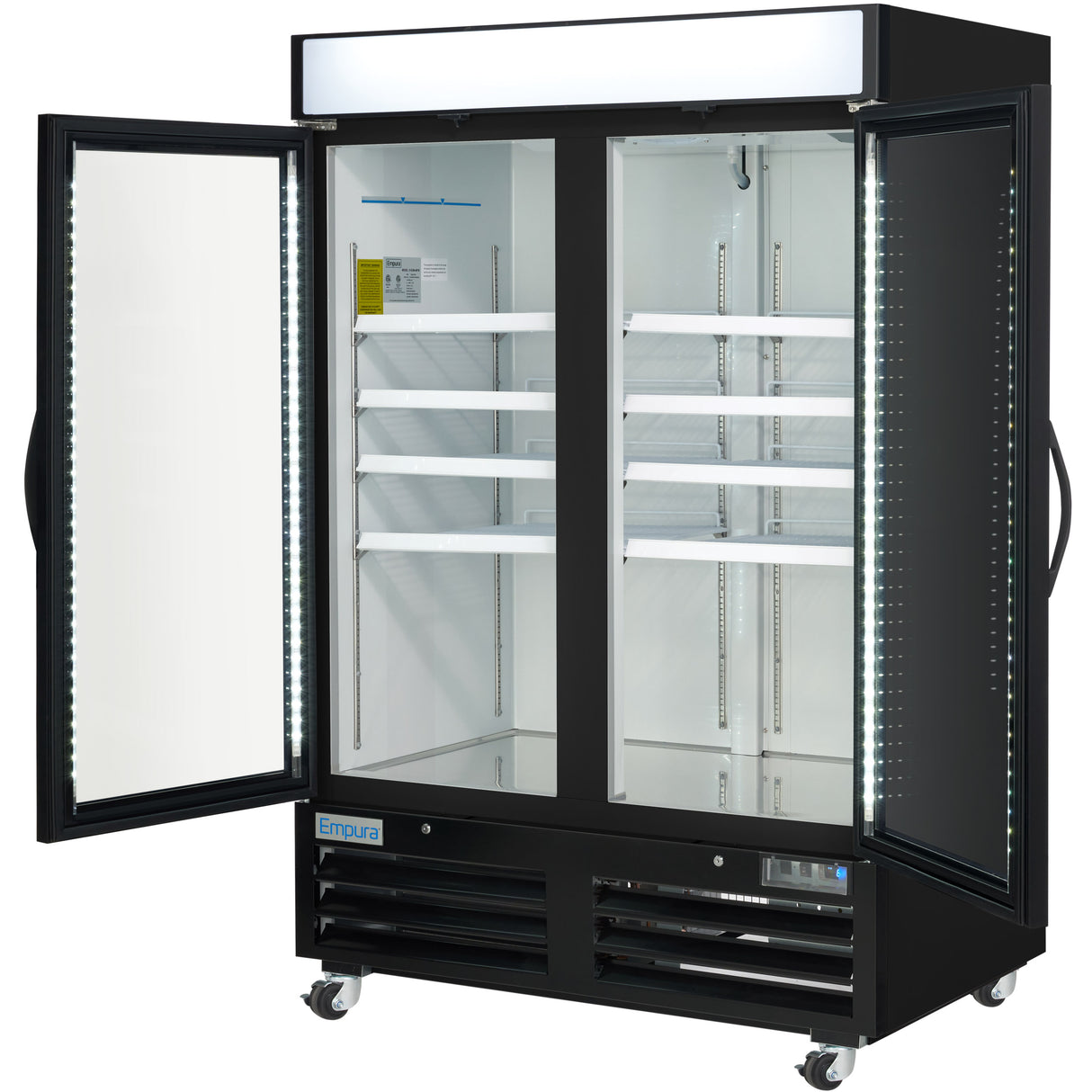 A commercial freezer merchandiser with both glass doors open reveals empty white shelves inside. The black exterior features handles, LED lighting along the frames, wheels for mobility, a blank sign panel on top, and controls at the bottom.