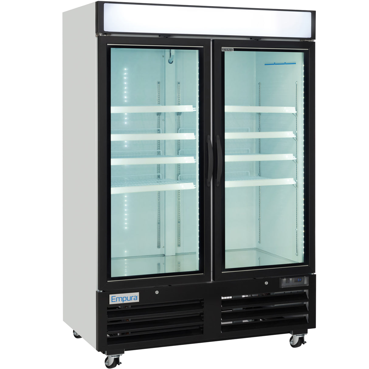 A commercial glass-door refrigerator or freezer merchandiser with two clear doors, black base, and white body. It features adjustable shelves, a bright header, digital control panel near the bottom, and wheels for easy movement. The unit is empty inside.