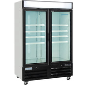 A commercial glass-door refrigerator or freezer merchandiser with two clear doors, black base, and white body. It features adjustable shelves, a bright header, digital control panel near the bottom, and wheels for easy movement. The unit is empty inside.