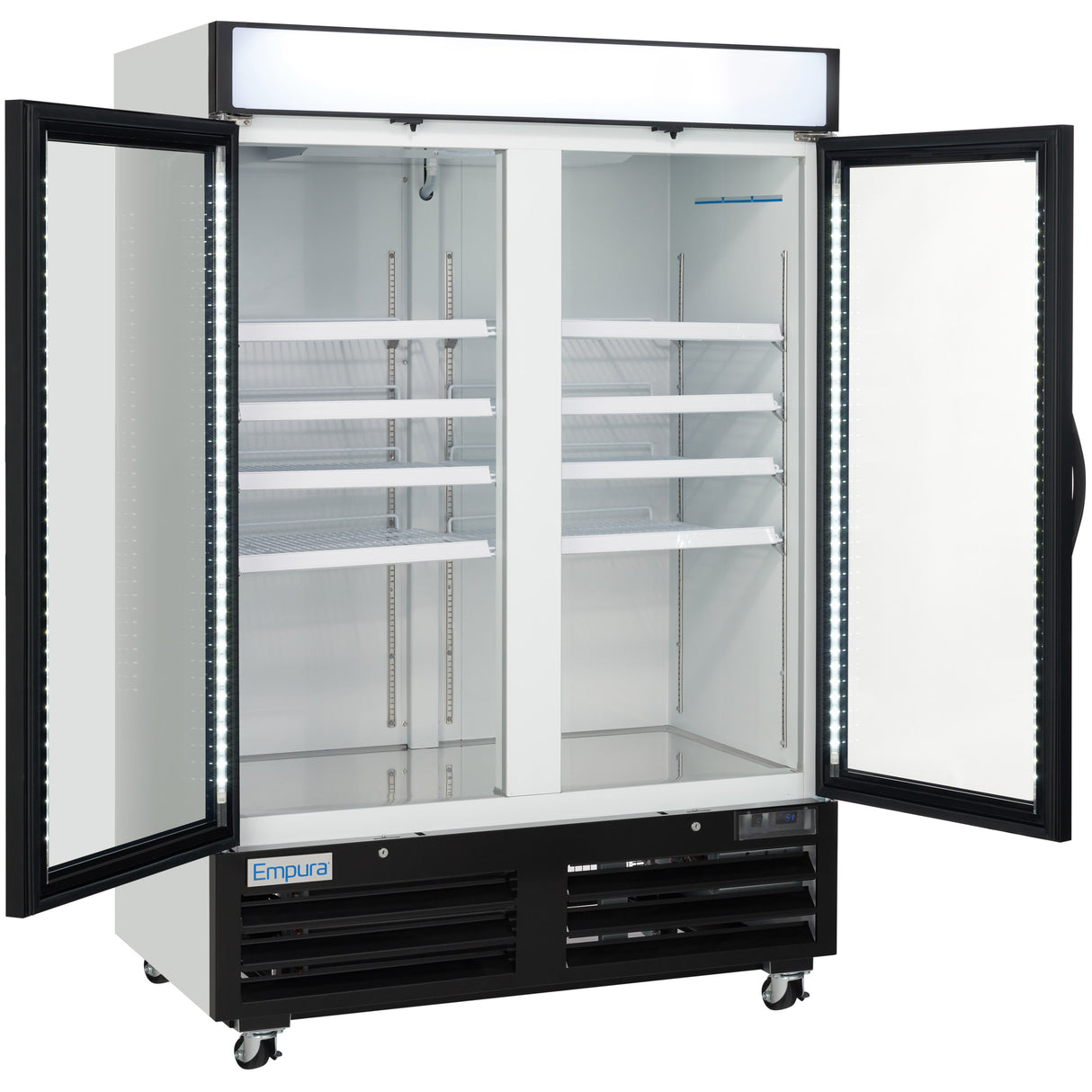 A commercial glass door freezer with both doors open reveals empty, adjustable white shelves. The unit features a black vented base, caster wheels for mobility, a white sign panel on top, and a brightly lit interior—ideal as a freezer merchandiser.