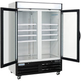 A commercial glass door freezer with both doors open reveals empty, adjustable white shelves. The unit features a black vented base, caster wheels for mobility, a white sign panel on top, and a brightly lit interior—ideal as a freezer merchandiser.