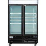 A commercial glass door freezer with two clear swing doors, five adjustable white wire shelves, black frame, lower ventilation grills, control panel, and wheels for mobility. The Empura brand label is visible on the bottom left. The interior is empty.