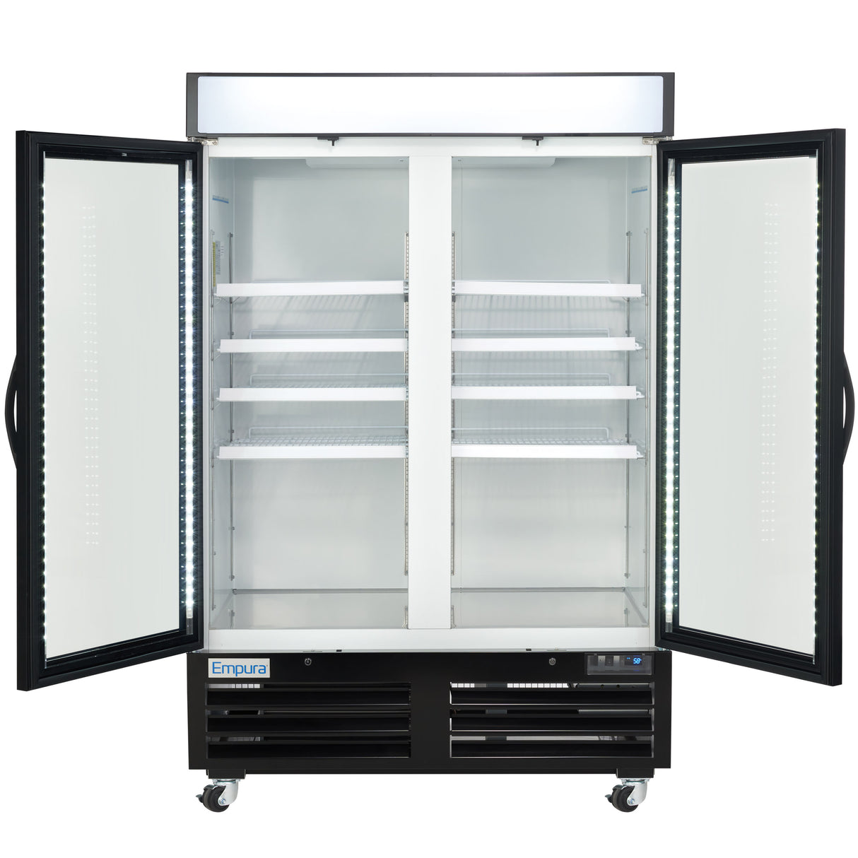 A commercial freezer with two open glass doors reveals several empty white wire shelves inside. The black exterior has ventilation grilles and control buttons at the bottom, and the unit is on casters. The brand Empura is labeled at the lower left.