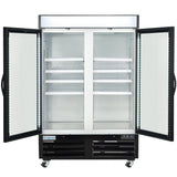 A commercial freezer with two open glass doors reveals several empty white wire shelves inside. The black exterior has ventilation grilles and control buttons at the bottom, and the unit is on casters. The brand Empura is labeled at the lower left.