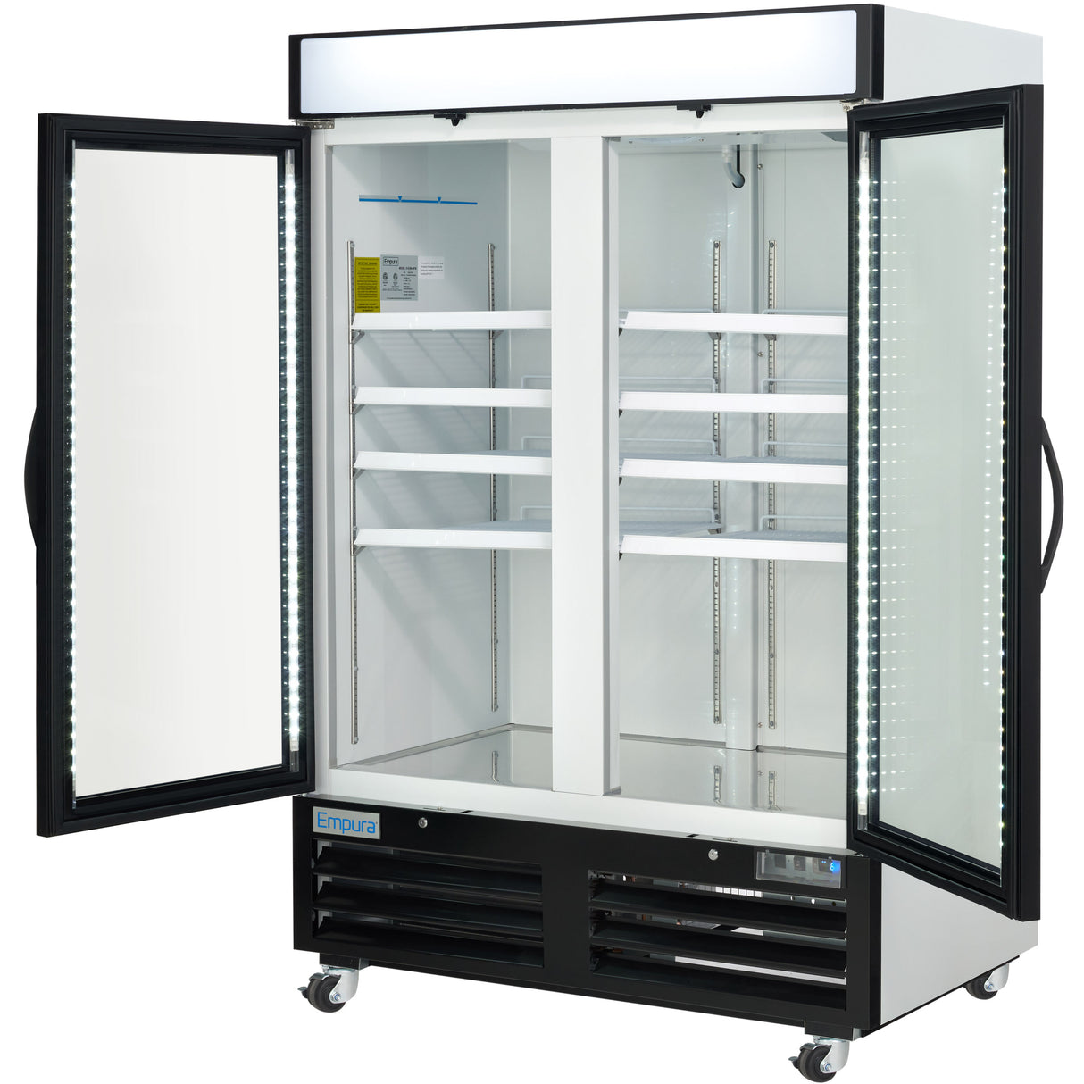 A commercial freezer merchandiser with both glass doors open reveals empty white shelves inside. The black base features ventilation slots and wheels, while LED lights illuminate the interior and door frames for a modern display.