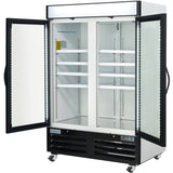 A commercial freezer merchandiser with both glass doors open reveals empty white shelves inside. The black base features ventilation slots and wheels, while LED lights illuminate the interior and door frames for a modern display.