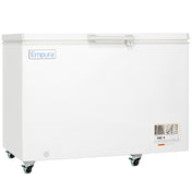 A large, white solid lid freezer with the Empura logo on the front, set on four caster wheels. The chest freezer features a rectangular lid with a handle and a vent with control panel at the bottom right corner.