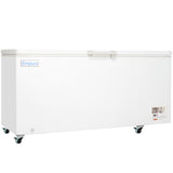 A large white commercial kitchen freezer with a solid flat lid, side-mounted handle, and four caster wheels for mobility. The Empura brand is visible on the front, with a small vent and control panel on the lower right corner of the chest freezer.