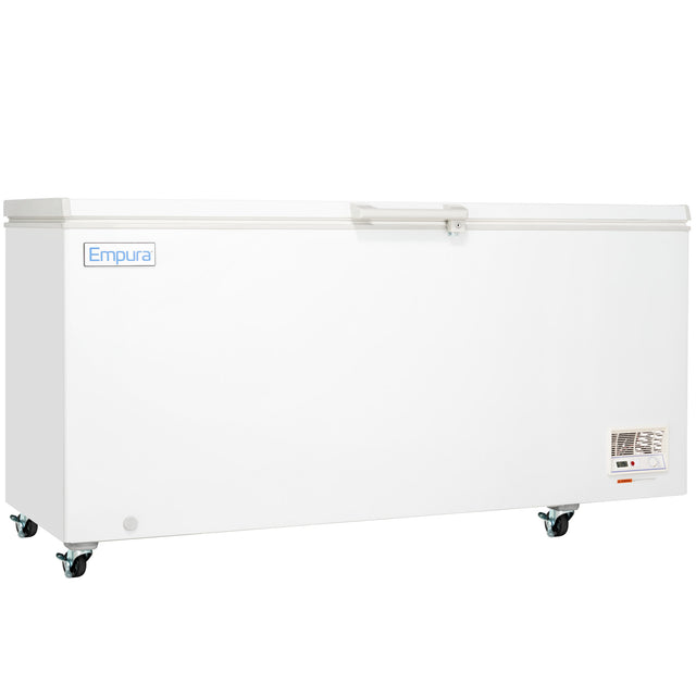 A large white commercial kitchen freezer with a solid flat lid, side-mounted handle, and four caster wheels for mobility. The Empura brand is visible on the front, with a small vent and control panel on the lower right corner of the chest freezer.