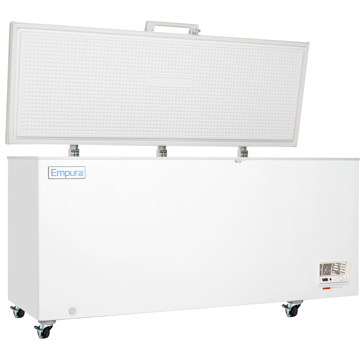 A large white commercial kitchen freezer with a solid lid is open, revealing a textured interior. The chest freezer features four wheels, a control panel on the lower right corner, and an Empura label on the upper left. Background is plain white.