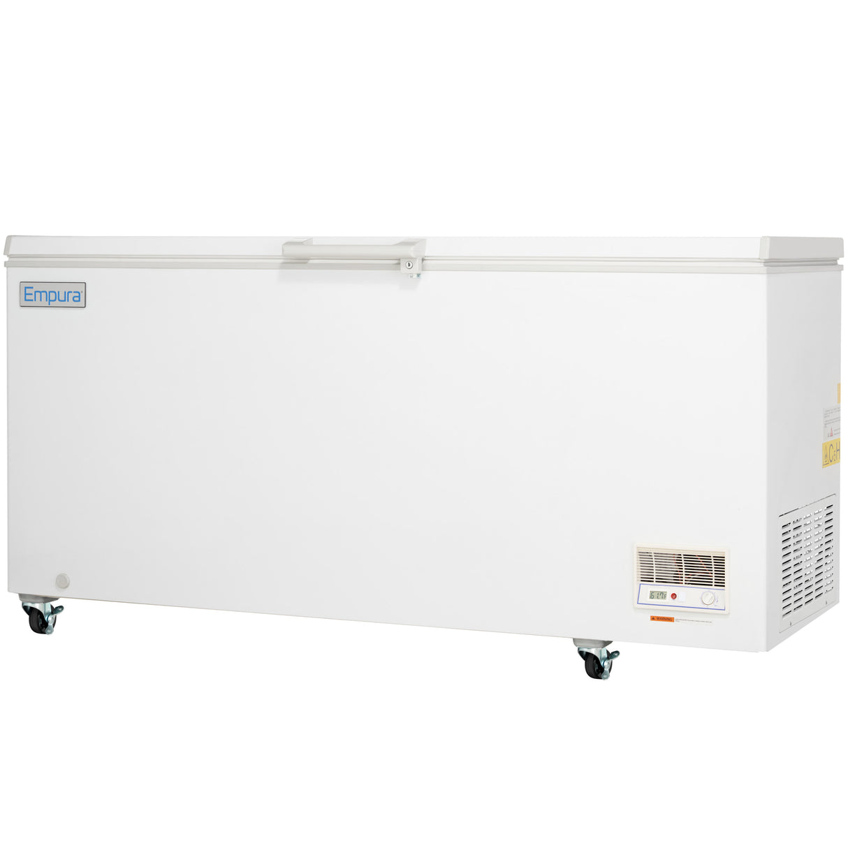 A large, white solid lid chest freezer on four small caster wheels. It features a top-opening lid with a handle, a vented panel and control display on the lower right, and an Empura logo on the top left of the front side—ideal for any commercial kitchen.