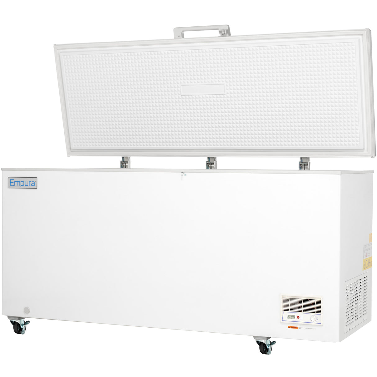 A large white commercial kitchen freezer on wheels with a hinged solid lid open upright. The front panel features a small control box for temperature settings and ventilation grilles. The Empura brand label is visible on the top left corner.