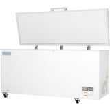 A large white commercial kitchen freezer on wheels with a hinged solid lid open upright. The front panel features a small control box for temperature settings and ventilation grilles. The Empura brand label is visible on the top left corner.