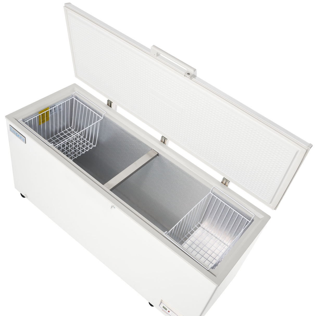 A large white chest freezer with a solid lid open, revealing two wire baskets inside on either end and a spacious empty interior. The freezer features a textured lid, central divider, and is shown from an angled top view on a white background.