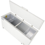 A large white chest freezer with a solid lid open, revealing two wire baskets inside on either end and a spacious empty interior. The freezer features a textured lid, central divider, and is shown from an angled top view on a white background.