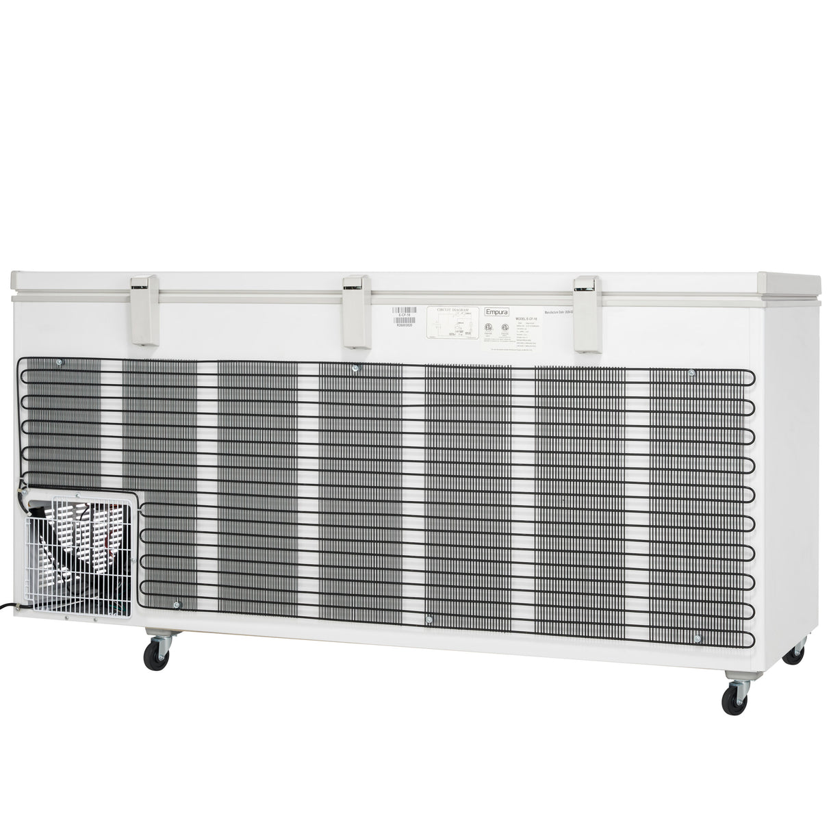 A large, white solid lid chest freezer with three handles on top, ventilation grilles along the front, a small compressor unit on the left side, control panel above the grille, and four wheels at the bottom—ideal for any commercial kitchen freezer setup.