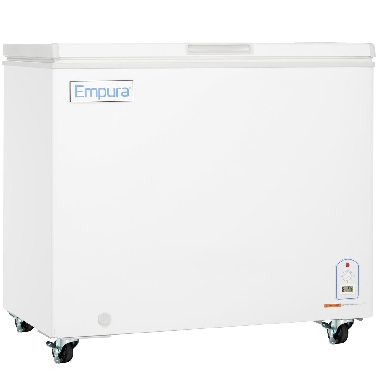 A large, white solid lid chest freezer on wheels with the Empura refrigeration brand displayed on the top left. It features a digital control panel on the bottom right corner and a flat lid with handle. The background is plain white.