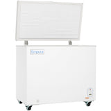 A large white Empura chest freezer with its solid lid open, showing a textured interior. This Empura refrigeration unit is rectangular with a flat front on four wheels, and features a digital temperature display and control panel at the lower right corner.